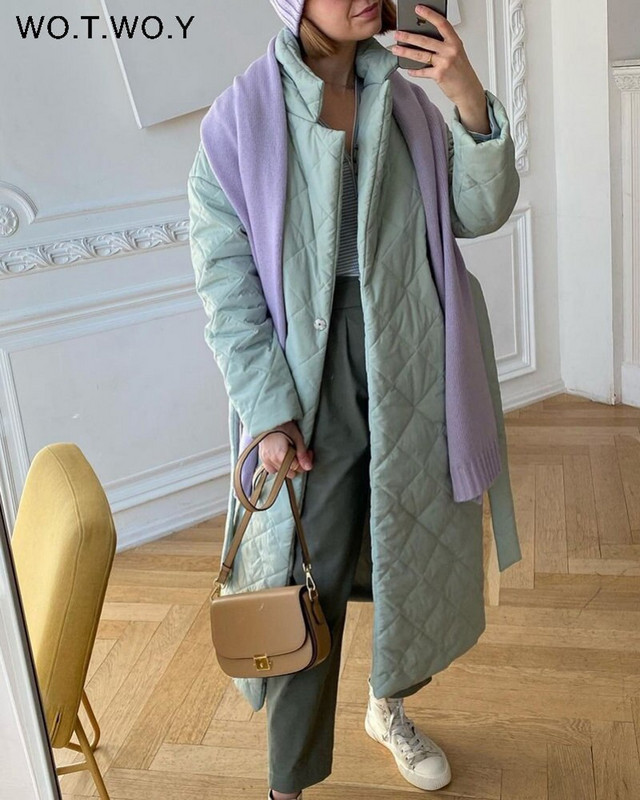 WOTWOY kokvilnas oderējums Argyle garā jaka sievietēm rudens ziemas jostas, biezi polsterēti parki sieviešu ikdienas stepēti mēteļi 2022. gada virsjaka