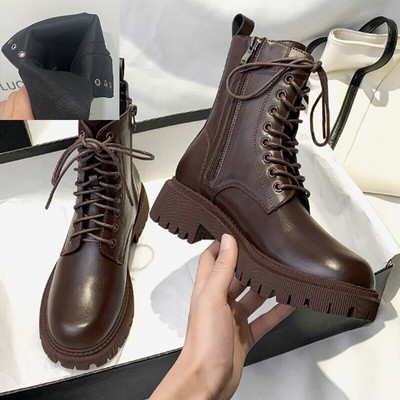 Lucyever Smeđe čizme s platformom Ženske jesenske zimske motociklističke čizme s debelim dnom Ženske deblje tople cipele na vezanje Ženske
