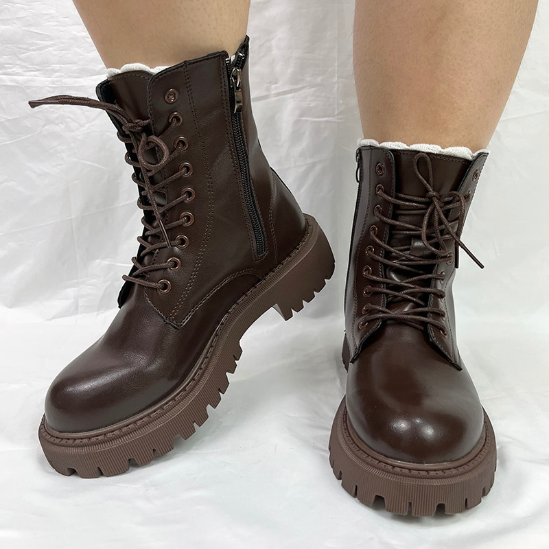 Lucyever Smeđe čizme s platformom Ženske jesenske zimske motociklističke čizme s debelim dnom Ženske deblje tople cipele na vezanje Ženske