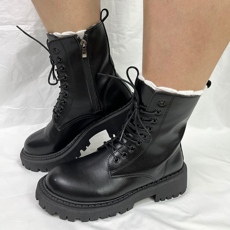 Lucyever Smeđe čizme s platformom Ženske jesenske zimske motociklističke čizme s debelim dnom Ženske deblje tople cipele na vezanje Ženske