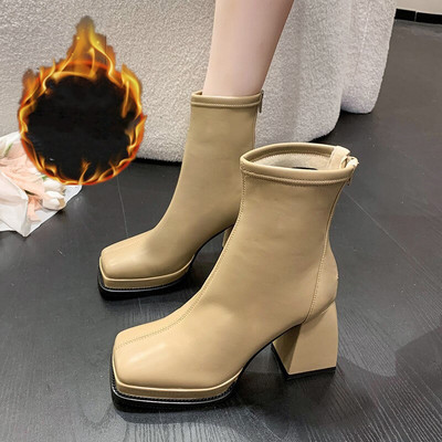 Νέα φθινοπωρινά χειμωνιάτικα γυναικεία μποτάκια αστραγάλου Γυναικεία Pu Square Toe Block Γόβες Κοντή γυναικεία μπότα Keep Warm Side Μποτάκια πλατφόρμας με φερμουάρ