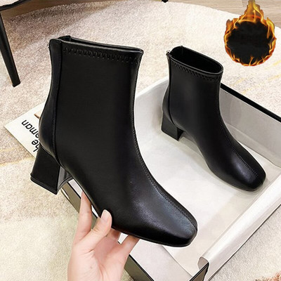 Νέα φθινοπωρινά χειμωνιάτικα γυναικεία μποτάκια αστραγάλου Γυναικεία Pu Square Toe Block Γόβες Κοντή γυναικεία μπότα Keep Warm Side Μποτάκια πλατφόρμας με φερμουάρ