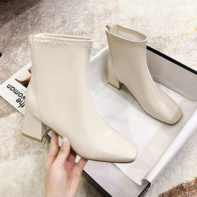 Νέα φθινοπωρινά χειμωνιάτικα γυναικεία μποτάκια αστραγάλου Γυναικεία Pu Square Toe Block Γόβες Κοντή γυναικεία μπότα Keep Warm Side Μποτάκια πλατφόρμας με φερμουάρ