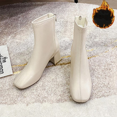 Νέα φθινοπωρινά χειμωνιάτικα γυναικεία μποτάκια αστραγάλου Γυναικεία Pu Square Toe Block Γόβες Κοντή γυναικεία μπότα Keep Warm Side Μποτάκια πλατφόρμας με φερμουάρ