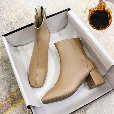 Νέα φθινοπωρινά χειμωνιάτικα γυναικεία μποτάκια αστραγάλου Γυναικεία Pu Square Toe Block Γόβες Κοντή γυναικεία μπότα Keep Warm Side Μποτάκια πλατφόρμας με φερμουάρ