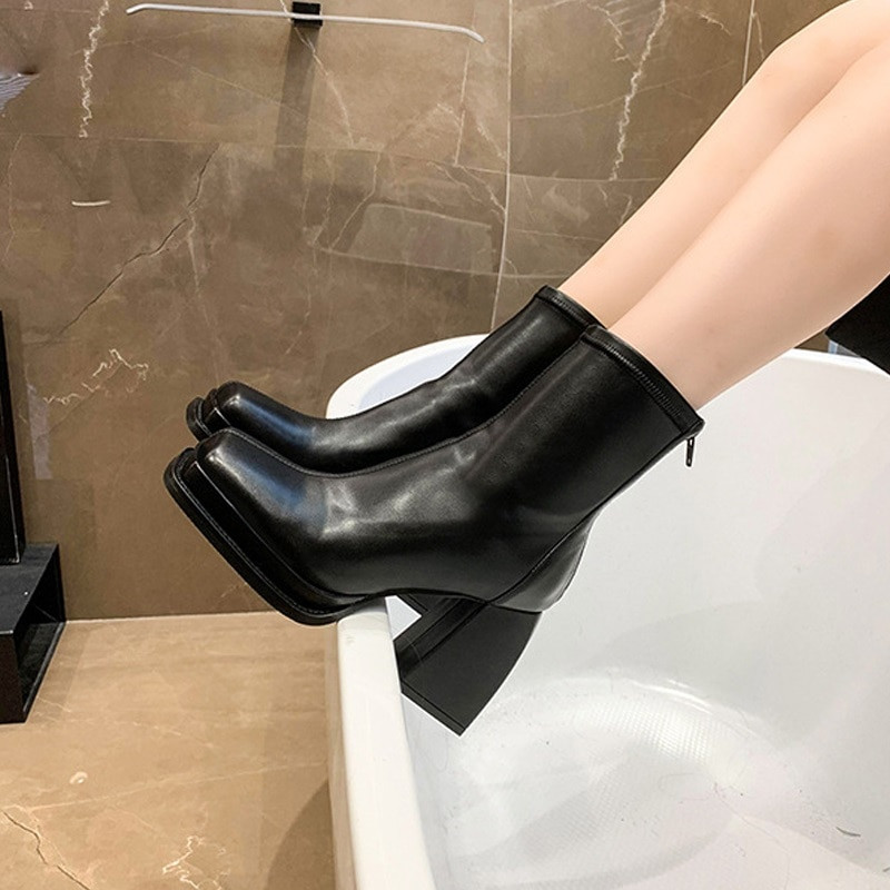Νέα φθινοπωρινά χειμωνιάτικα γυναικεία μποτάκια αστραγάλου Γυναικεία Pu Square Toe Block Γόβες Κοντή γυναικεία μπότα Keep Warm Side Μποτάκια πλατφόρμας με φερμουάρ