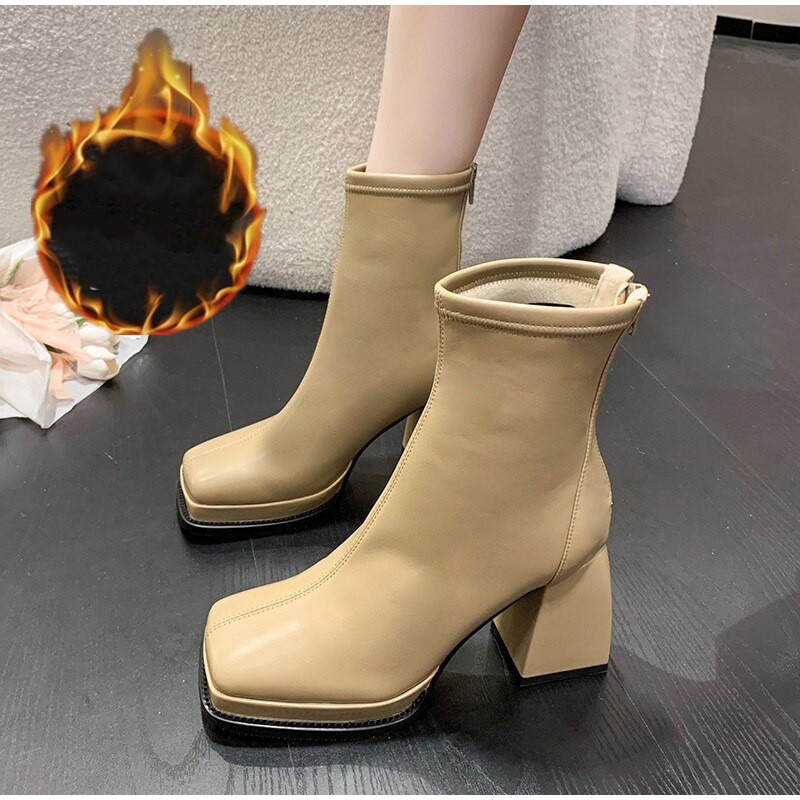 Νέα φθινοπωρινά χειμωνιάτικα γυναικεία μποτάκια αστραγάλου Γυναικεία Pu Square Toe Block Γόβες Κοντή γυναικεία μπότα Keep Warm Side Μποτάκια πλατφόρμας με φερμουάρ