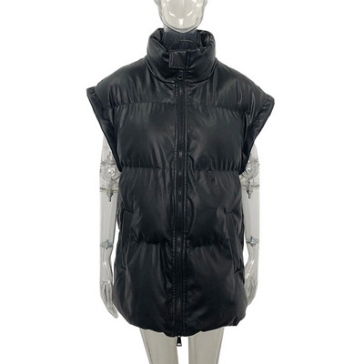 Fandy Lokar pavasara statīva apkakle, melna vestes sieviešu modes PU mēteļi sievietēm elegantas taisnas, vienkāršas sieviešu vestes