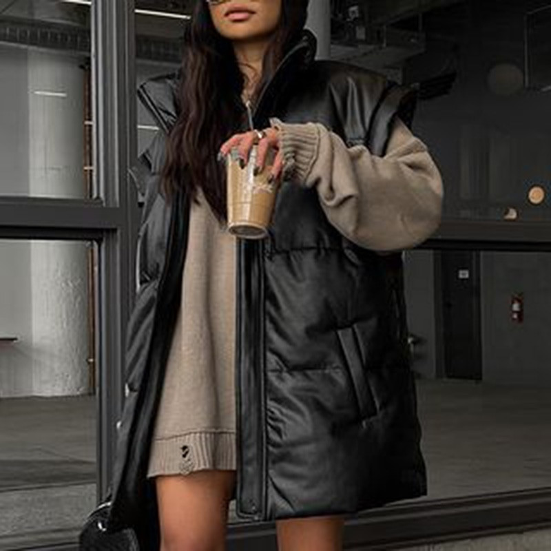 Fandy Lokar pavasara statīva apkakle, melna vestes sieviešu modes PU mēteļi sievietēm elegantas taisnas, vienkāršas sieviešu vestes