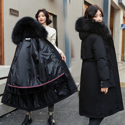 2022. gada jauns sieviešu parkas ziemas jaka ar kapuci, garš mētelis, biezs, silts sieviešu kokvilnas polsterēts parka kažokādas odere Jakas mēteļi, virsdrēbes