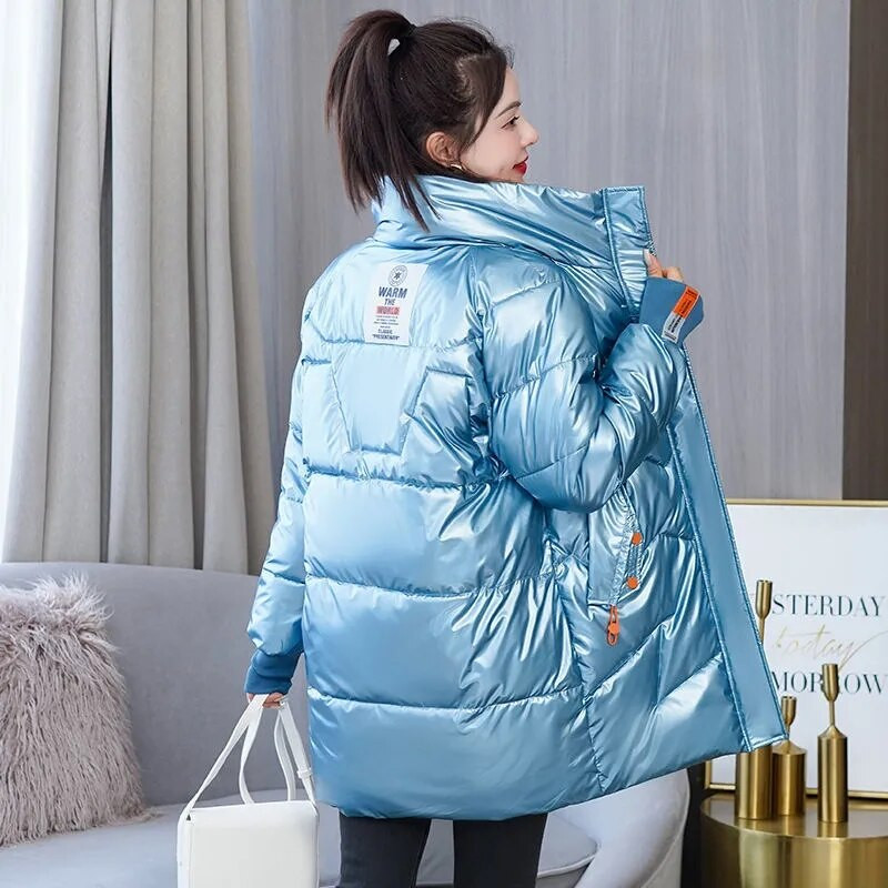 Sieviešu Parka 2021. gada jauna ziemas jaka, spīdīgs, garš mētelis, kokvilnas polsterējums, ikdienas parkas jakas, biezas, siltas sieviešu virsjakas virsdrēbes