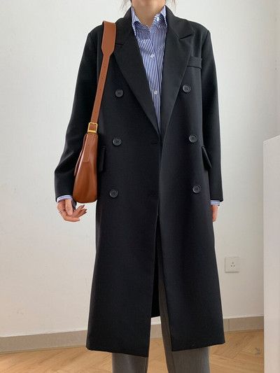 2022. gada rudens vienkrāsains vidēja garuma uzvalks Sieviešu brīvs, melns korejiešu stila ikdienas uzvalka augšdaļa