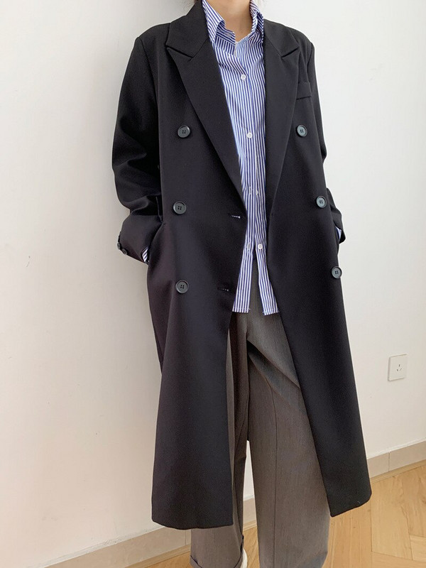 2022. gada rudens vienkrāsains vidēja garuma uzvalks Sieviešu brīvs, melns korejiešu stila ikdienas uzvalka augšdaļa