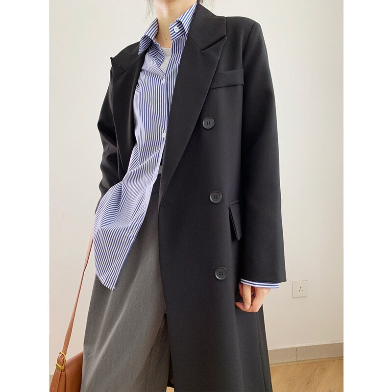 2022. gada rudens vienkrāsains vidēja garuma uzvalks Sieviešu brīvs, melns korejiešu stila ikdienas uzvalka augšdaļa