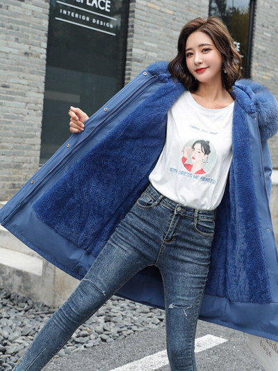 2022. gada jauns ziemas sieviešu Parkas Plīša kokvilnas jaka Biezs mētelis ar kapuci Lielizmēra Midi gara vilnas apkakle, silti, polsterēti karsti mēteļi