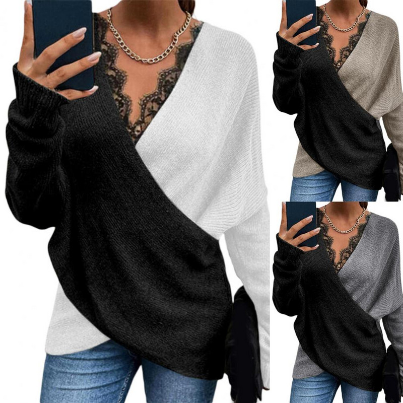 Brīvi sieviešu džemperi Krāsa Bloka Mežģīnes Rudens Ziemas Biroja Sieviešu Adīšana Pulovers Džemperi