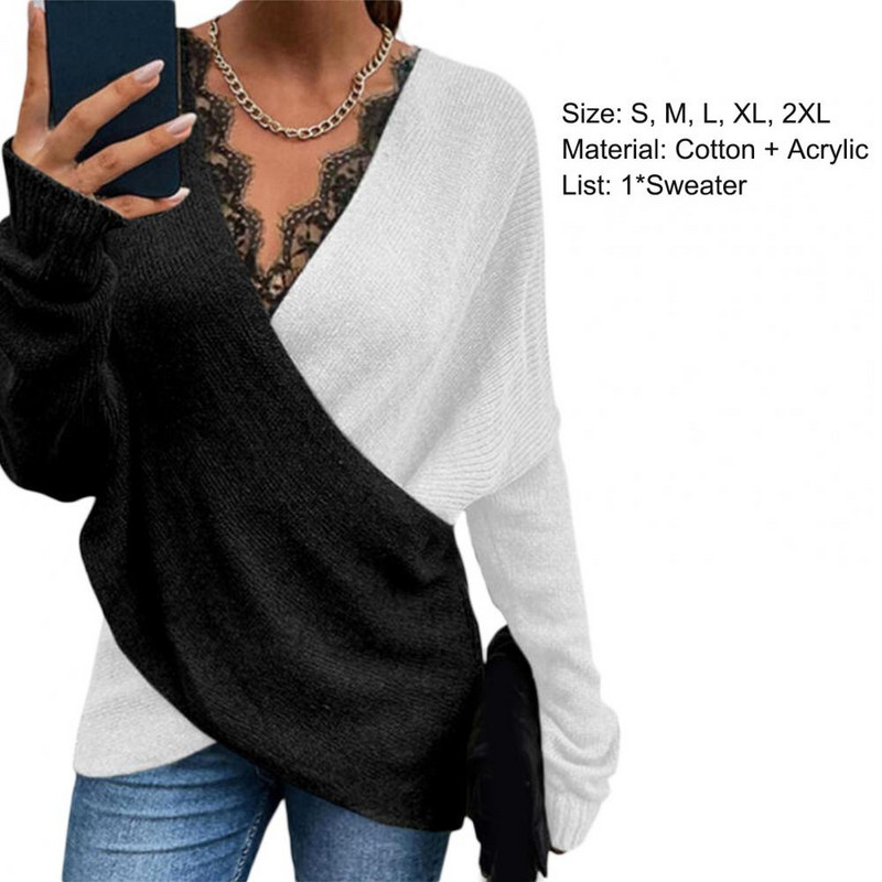 Brīvi sieviešu džemperi Krāsa Bloka Mežģīnes Rudens Ziemas Biroja Sieviešu Adīšana Pulovers Džemperi