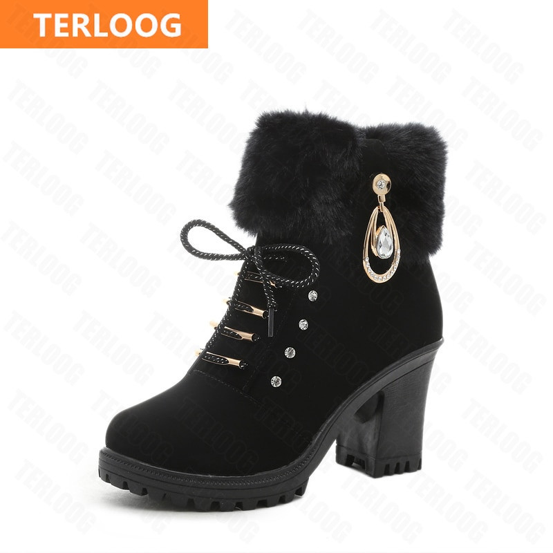 2022. gada jauni ziemas sieviešu augstpapēžu kurpes, silti, neslīdoši bloki, govs zamšādas silti sniega zābaki Modes dizaineru kristāla plīša gotikas zābaki