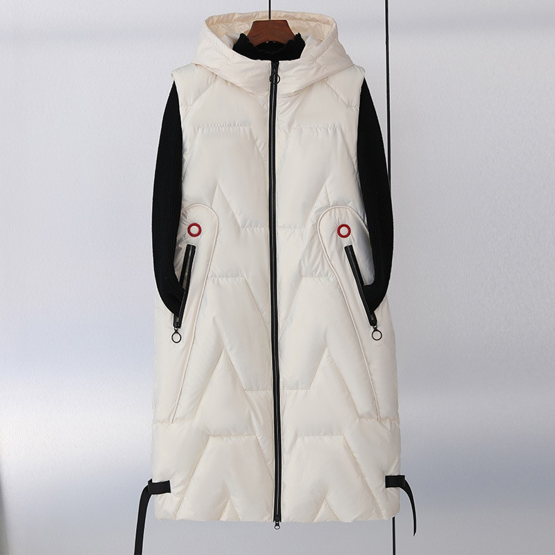 Žieminė ilga liemenė Moteriška solidi kišenės su gobtuvu, paminkštintos užtrauktuku, laisvalaikio moteriška striukė be rankovių šilta dygsniuota liemenė moterims