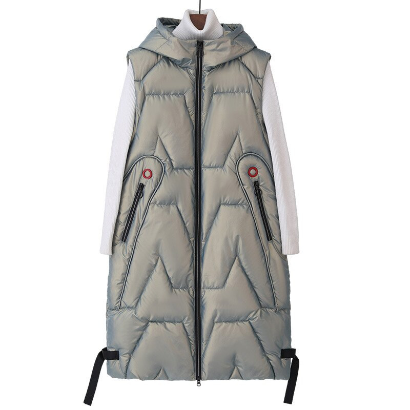 Žieminė ilga liemenė Moteriška solidi kišenės su gobtuvu, paminkštintos užtrauktuku, laisvalaikio moteriška striukė be rankovių šilta dygsniuota liemenė moterims