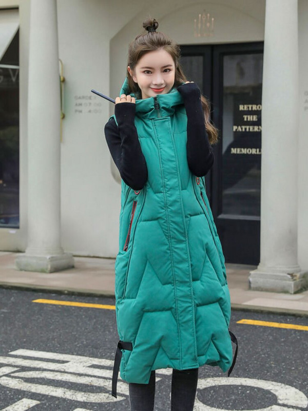Rudens ziemas garā veste sieviešu ar kapuci brīvas zaļas kabatas, polsterētas sieviešu ikdienas jaka bez piedurknēm silta stepēta veste sievietēm