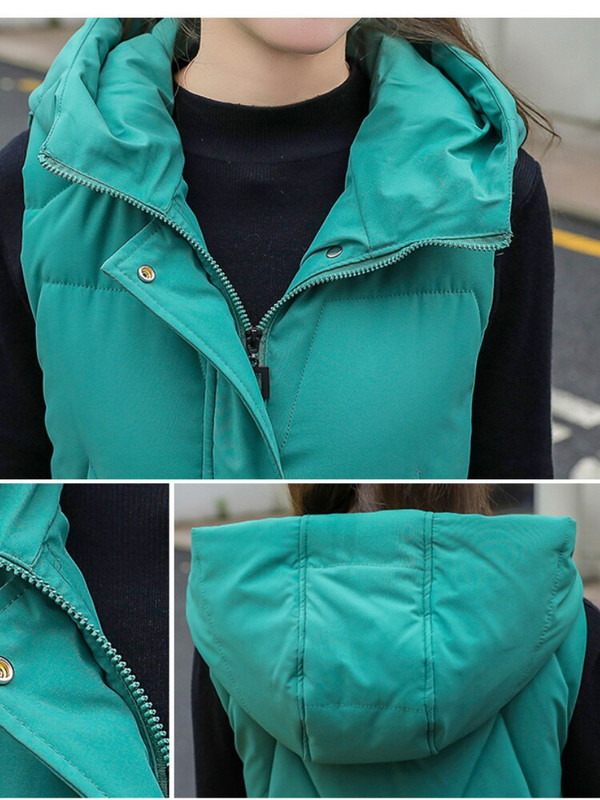 Rudens ziemas garā veste sieviešu ar kapuci brīvas zaļas kabatas, polsterētas sieviešu ikdienas jaka bez piedurknēm silta stepēta veste sievietēm