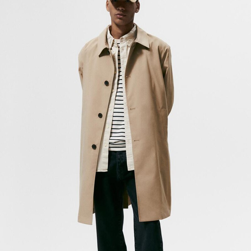 2022. gada pavasaris, rudens vīriešu modes tehniskie audumi vidēja garuma mētelis, vienkāršs haki krāsas atloks, ūdensnecaurlaidīgs virsdrēbes ar vienu rindu