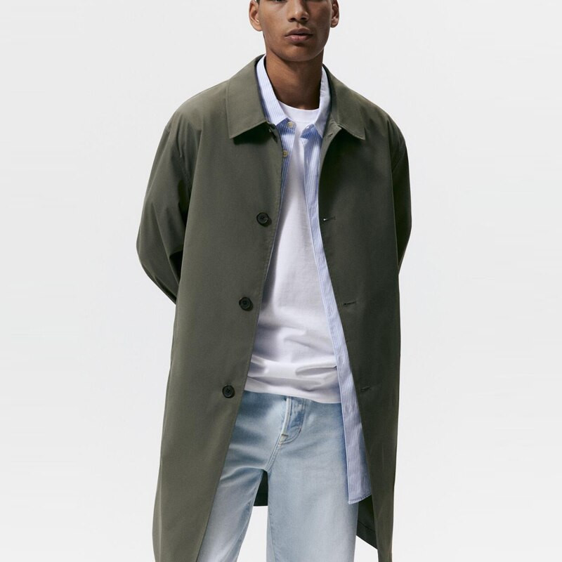 2022. gada pavasaris, rudens vīriešu modes tehniskie audumi vidēja garuma mētelis, vienkāršs haki krāsas atloks, ūdensnecaurlaidīgs virsdrēbes ar vienu rindu