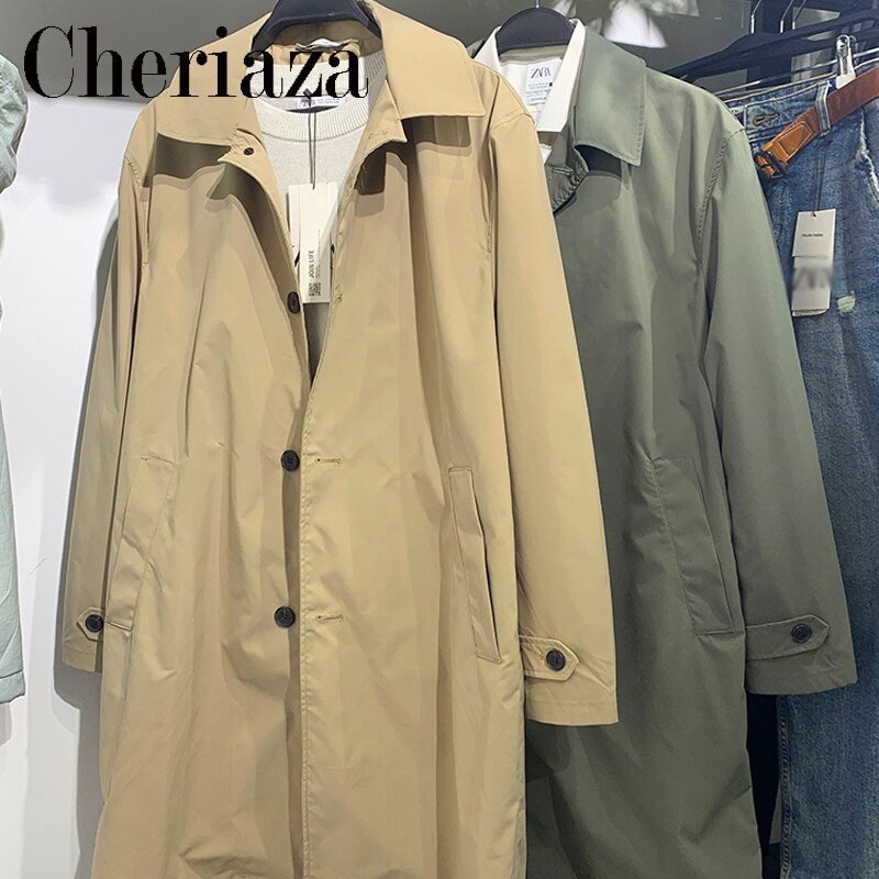 2022. gada pavasaris, rudens vīriešu modes tehniskie audumi vidēja garuma mētelis, vienkāršs haki krāsas atloks, ūdensnecaurlaidīgs virsdrēbes ar vienu rindu