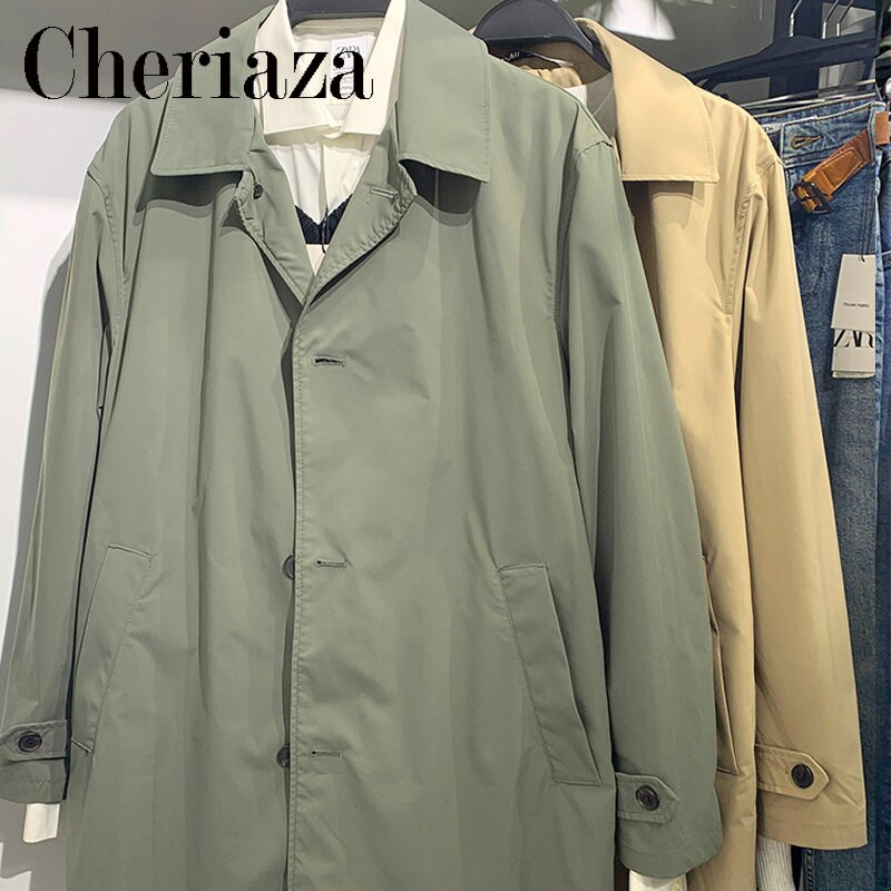 2022. gada pavasaris, rudens vīriešu modes tehniskie audumi vidēja garuma mētelis, vienkāršs haki krāsas atloks, ūdensnecaurlaidīgs virsdrēbes ar vienu rindu