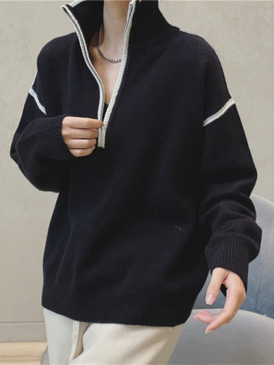 Női őszi téli ruházat 2022 új cipzáras, álló gallér, csíkos pulóver, női meleg pulóver, nagyméretű női pulóver