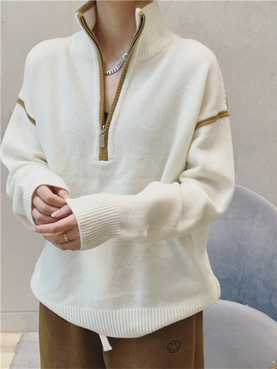 Női őszi téli ruházat 2022 új cipzáras, álló gallér, csíkos pulóver, női meleg pulóver, nagyméretű női pulóver