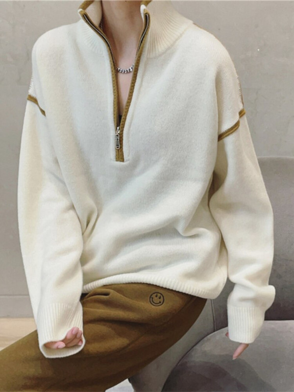 Női őszi téli ruházat 2022 új cipzáras, álló gallér, csíkos pulóver, női meleg pulóver, nagyméretű női pulóver