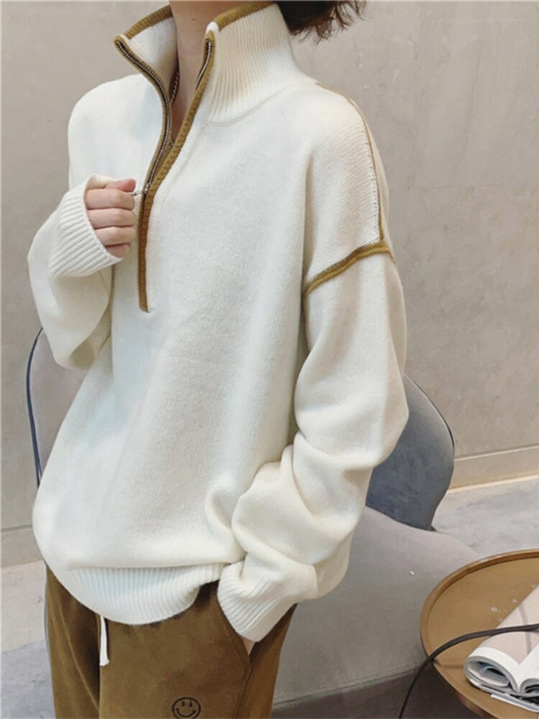 Női őszi téli ruházat 2022 új cipzáras, álló gallér, csíkos pulóver, női meleg pulóver, nagyméretű női pulóver