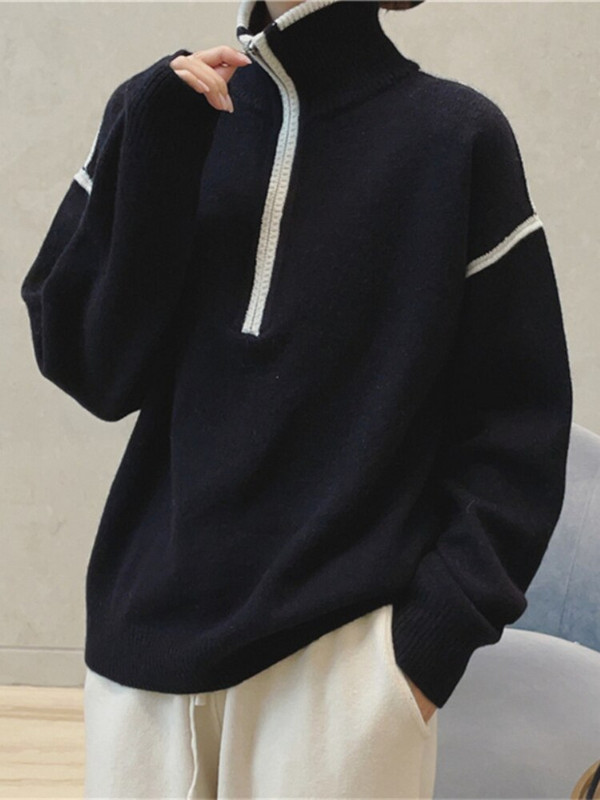 Női őszi téli ruházat 2022 új cipzáras, álló gallér, csíkos pulóver, női meleg pulóver, nagyméretű női pulóver