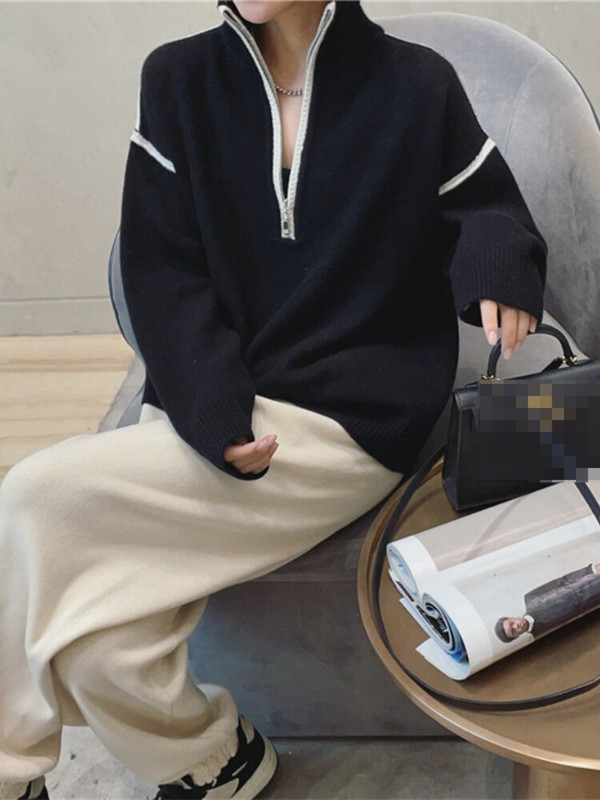 Női őszi téli ruházat 2022 új cipzáras, álló gallér, csíkos pulóver, női meleg pulóver, nagyméretű női pulóver