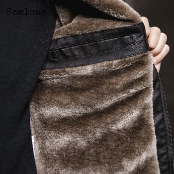 Samlona Plus Size 4xl Ανδρικά δερμάτινα μπουφάν Pu με βελούδο 2021 Winter Jacket Biker Faux Leather Παλτό Μόδα με φερμουάρ