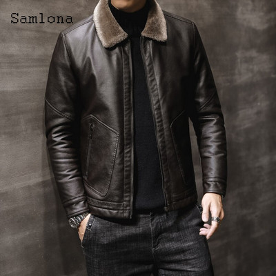 Samlona Liela izmēra 4xl Vīriešu Pu ādas jakas ar samtu 2021. gada ziemas jaka Biker mākslīgās ādas mēteļi modes mēteļi ar rāvējslēdzēju