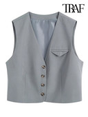 Γυναικεία μόδα TRAF με καρτέλα Κοντό γιλέκο Vintage V λαιμόκοψη Αμάνικα μπροστινά κουμπιά Γυναικεία πανωφόρια Κομψά φανελάκια