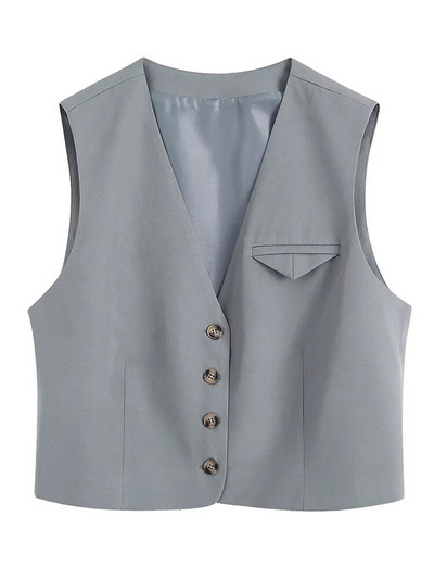 Γυναικεία μόδα TRAF με καρτέλα Κοντό γιλέκο Vintage V λαιμόκοψη Αμάνικα μπροστινά κουμπιά Γυναικεία πανωφόρια Κομψά φανελάκια