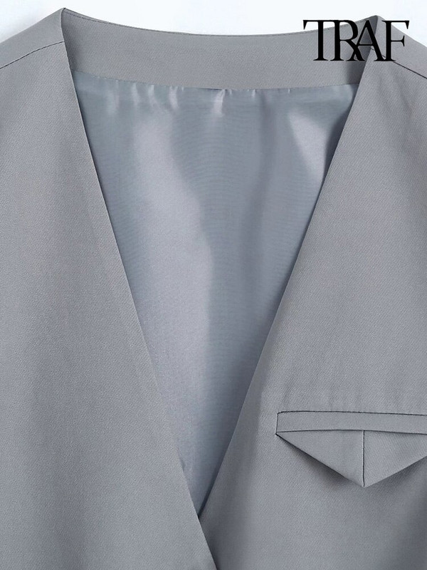 Γυναικεία μόδα TRAF με καρτέλα Κοντό γιλέκο Vintage V λαιμόκοψη Αμάνικα μπροστινά κουμπιά Γυναικεία πανωφόρια Κομψά φανελάκια