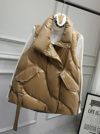 Lagabogy jauns rudens ziemas sieviešu īss balts pīles dūnu veste sieviešu brīvs silts mētelis vēja necaurlaidīgs rāvējslēdzējs veste brūna bez piedurknēm