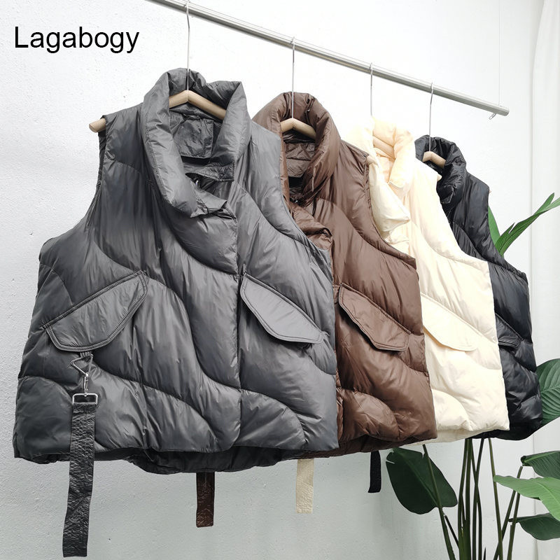 Lagabogy jauns rudens ziemas sieviešu īss balts pīles dūnu veste sieviešu brīvs silts mētelis vēja necaurlaidīgs rāvējslēdzējs veste brūna bez piedurknēm