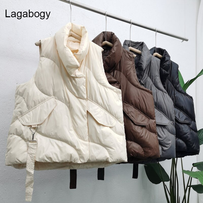 Lagabogy jauns rudens ziemas sieviešu īss balts pīles dūnu veste sieviešu brīvs silts mētelis vēja necaurlaidīgs rāvējslēdzējs veste brūna bez piedurknēm