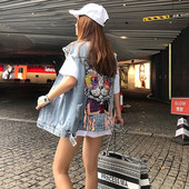 Džinsu veste jaka Mugura Kaķis Pavasaris Vasara 2022 Korejiešu Stils Sieviešu jaciņa Brīvi caurumiņi Veste Mode Džinsi Gilet Mētelis