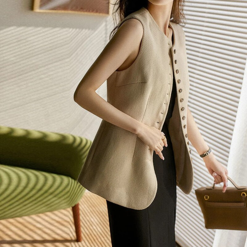 Sieviešu veste, 2022. gada rudens, slaida, cieta bezpiedurkņu jaka sievietēm korejiešu stila kabatas O kakla pogas, sieviešu vestes, augšdaļa bēša, eleganta, jauna