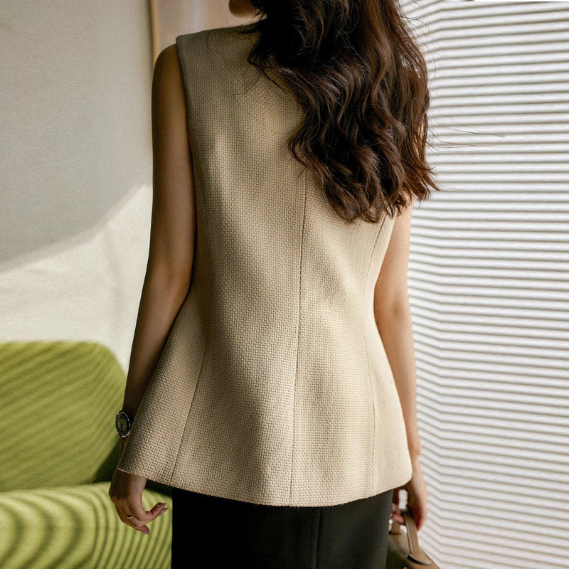 Sieviešu veste, 2022. gada rudens, slaida, cieta bezpiedurkņu jaka sievietēm korejiešu stila kabatas O kakla pogas, sieviešu vestes, augšdaļa bēša, eleganta, jauna