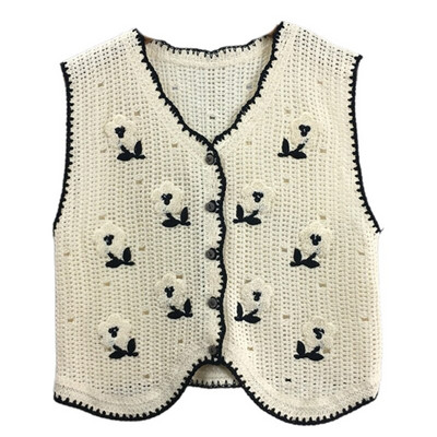 449B korejiešu boho sieviešu tamborētas adītas veste veste Vintage krāsains ziedu raksts bez piedurknēm jaka Retro hipiju dūnu