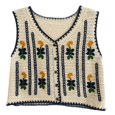 449B korejiešu boho sieviešu tamborētas adītas veste veste Vintage krāsains ziedu raksts bez piedurknēm jaka Retro hipiju dūnu
