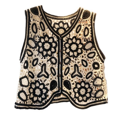 449B korejiešu boho sieviešu tamborētas adītas veste veste Vintage krāsains ziedu raksts bez piedurknēm jaka Retro hipiju dūnu